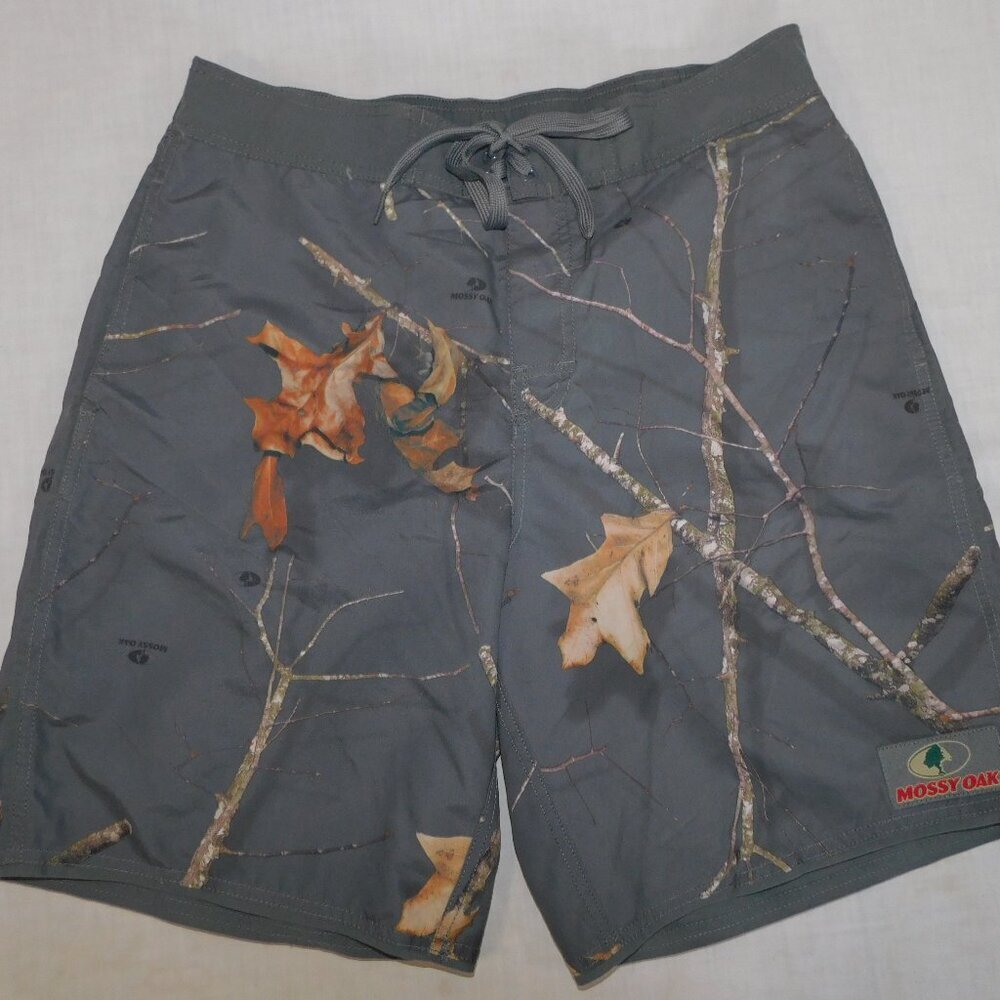 Mossy Oak Gray Brown leaves lined Board Shorts Swim Trunks Bathing suit Mens L